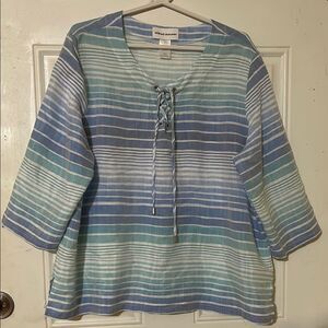 Alfred Dunner Women’s TunicTop S.L Blue Green Striped Tie Front 3/4 Sleeve Beach